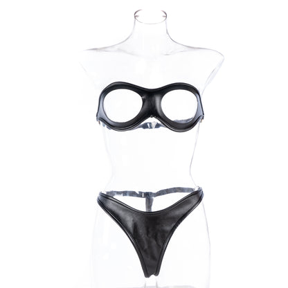 Open Bust PU Leather Bra & Sexy Thong 2 Piece Set Fetish Lingerie