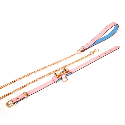 Cute Metal Bow Leather Bondage Collar with lead Pink/Black