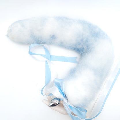 Fluffy Ice Blue and white Tail Anal Butt Plug - Customizable Tail Length & Plug Size