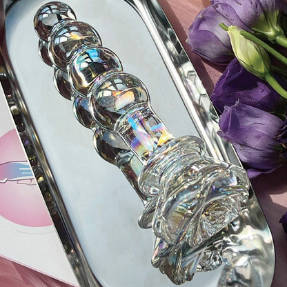 Transparent Smooth Crystal Rose Flower Glass Dildo Anal Butt Plug