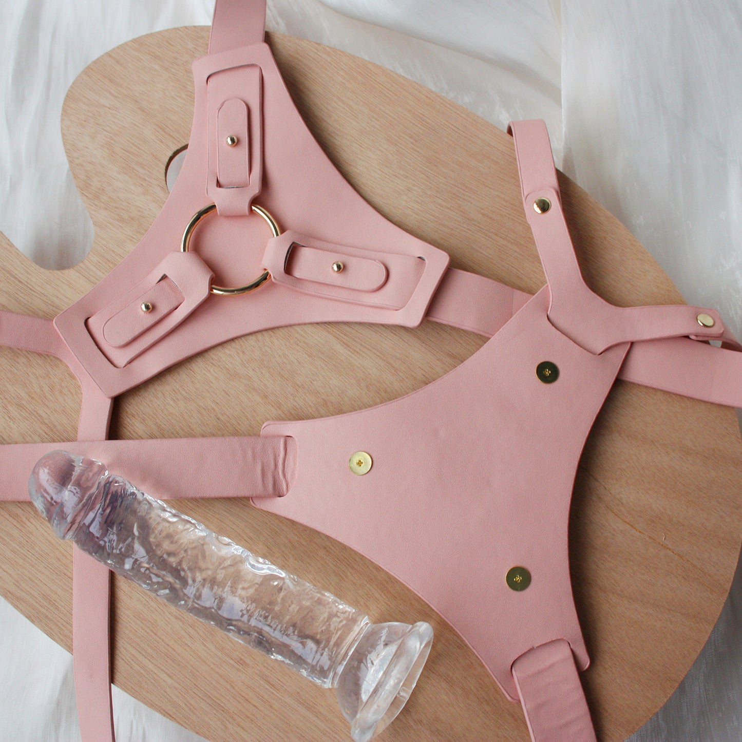 Vegan Pink Soft PU Leather Strap on Harness with Silicone Dildo