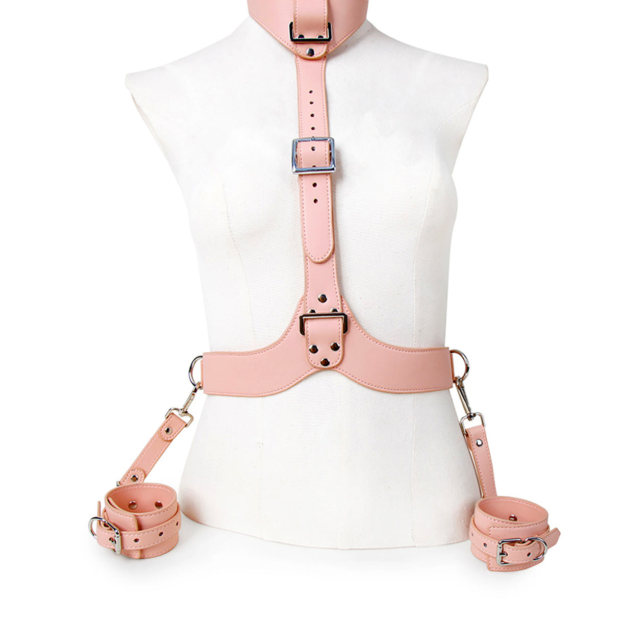 BDSM Open-Bust Pink Bondage Harness with Handcuffs & Leash