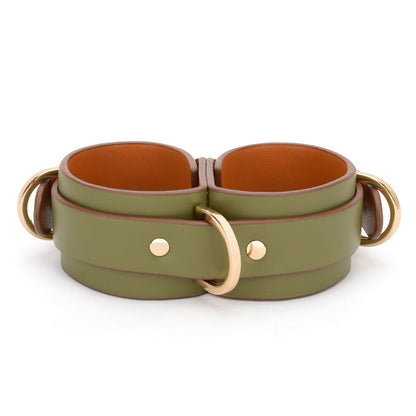 Vegan Leather Linked Bondage Wrist Cuffs Black/Olive Green