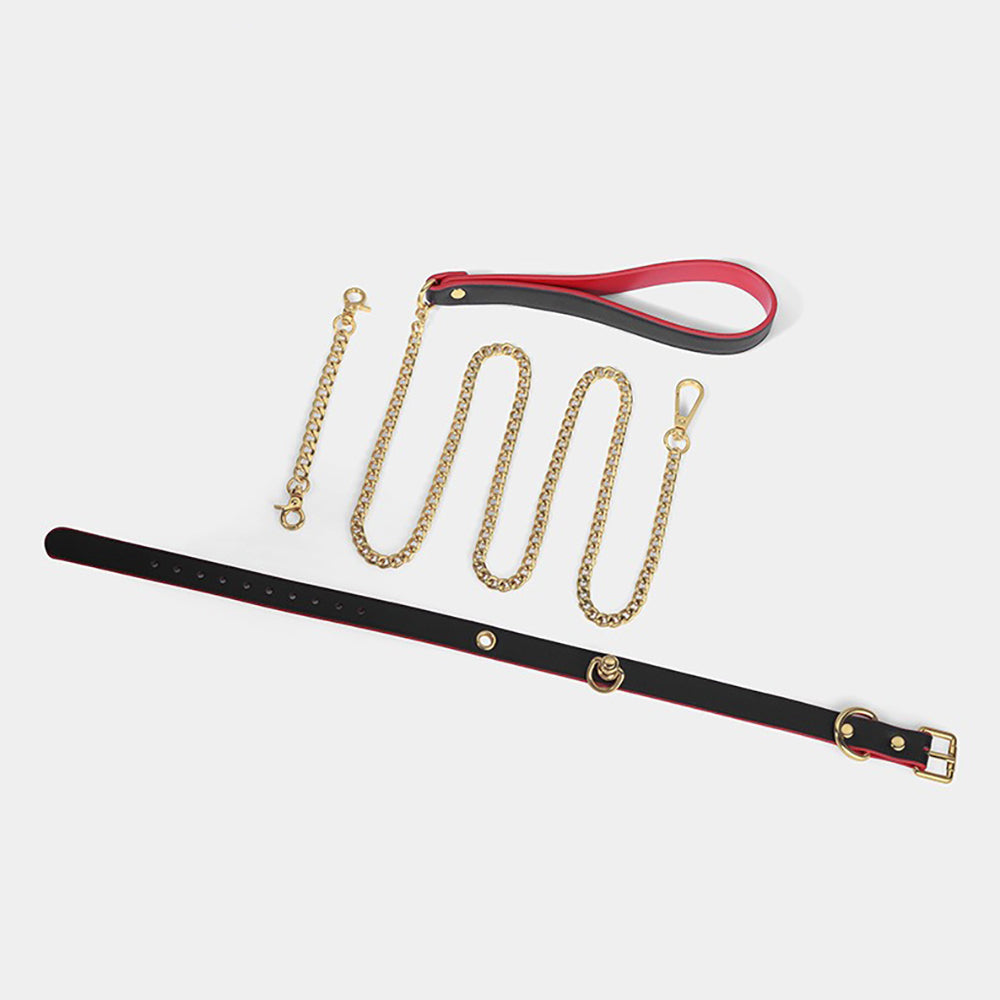 Heavy-Duty Real Leather Bondage Collar with Metal Chain Leash Black×Red