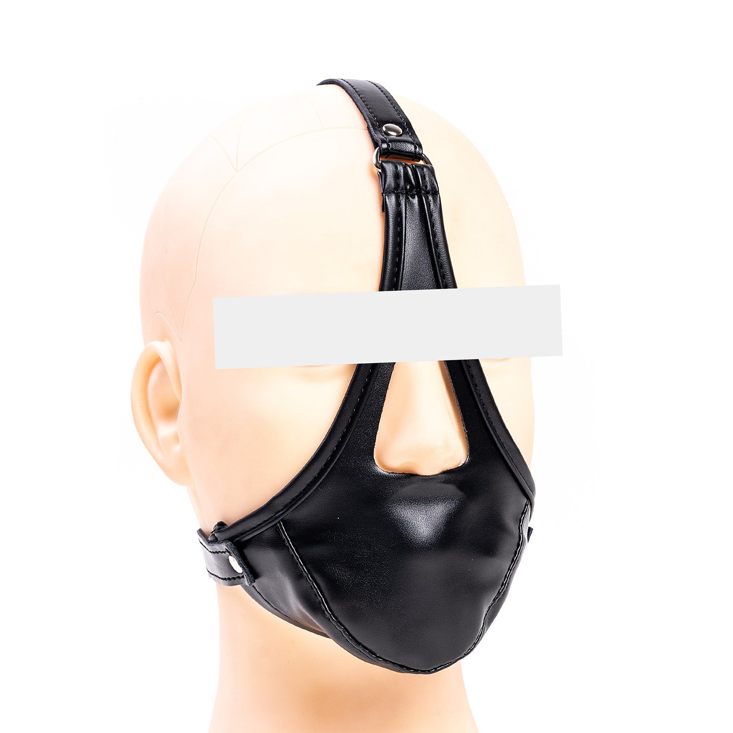 Profile view of glossy vegan leather head harness ball gag mask for forced open mouth BDSM restraint, available in multiple colors by Sexy Maker.