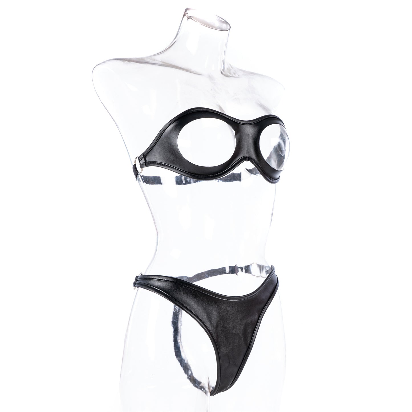 Open Bust PU Leather Bra & Sexy Thong 2 Piece Set Fetish Lingerie