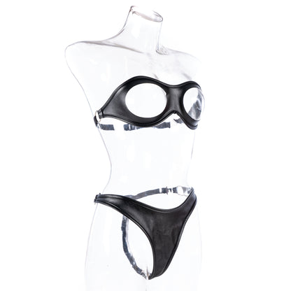 Open Bust PU Leather Bra & Sexy Thong 2 Piece Set Fetish Lingerie