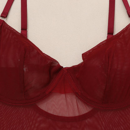 Burgundy Mesh Bodysuit with Garter Belt