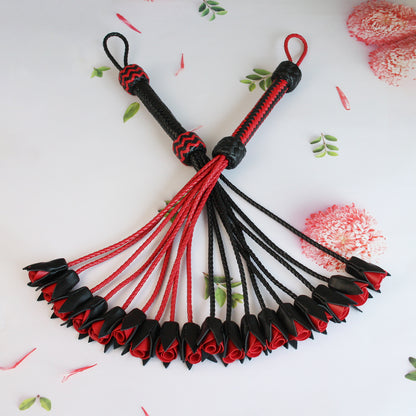 Handmade Red Rose Leather Flogger with 9 Braided Tails