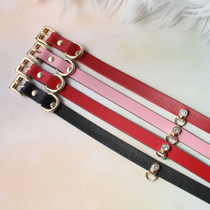 Handmade Shining Stone BDSM Leather Bondage Choker with Leash 4-colors