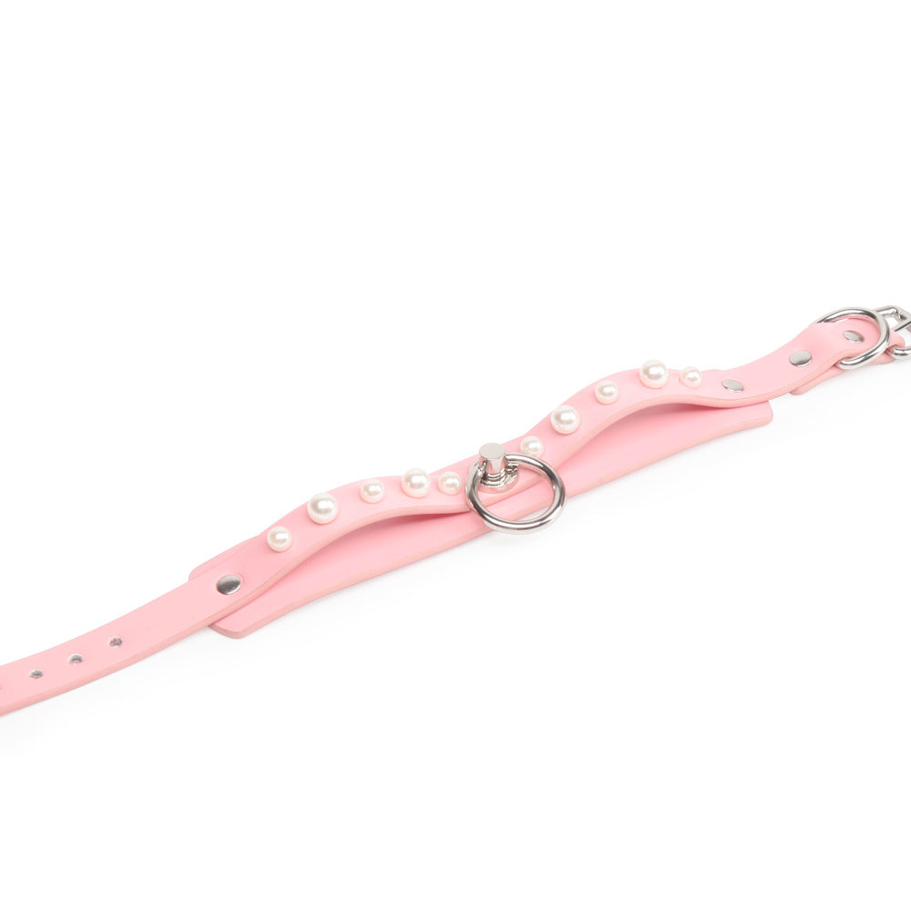 Elegant White Pearl Leather Bondage Collar with Leash Pink/Black