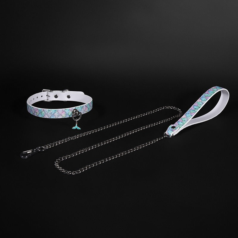 Luxury Mermaid Glow Genuine Leather BDSM Collar with Leash Blue