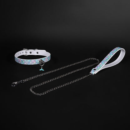 Luxury Mermaid Glow Genuine Leather BDSM Collar with Leash Blue