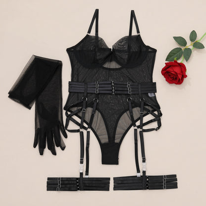 Classic Black Mesh Bodysuit with Garter Belt and Gloves