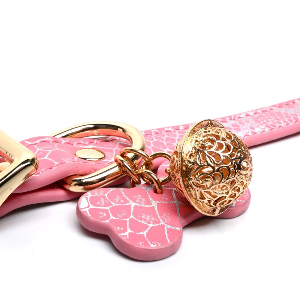 Seductive Dog Bone Charm BDSM Collar with Bell & Leash Pink/Black
