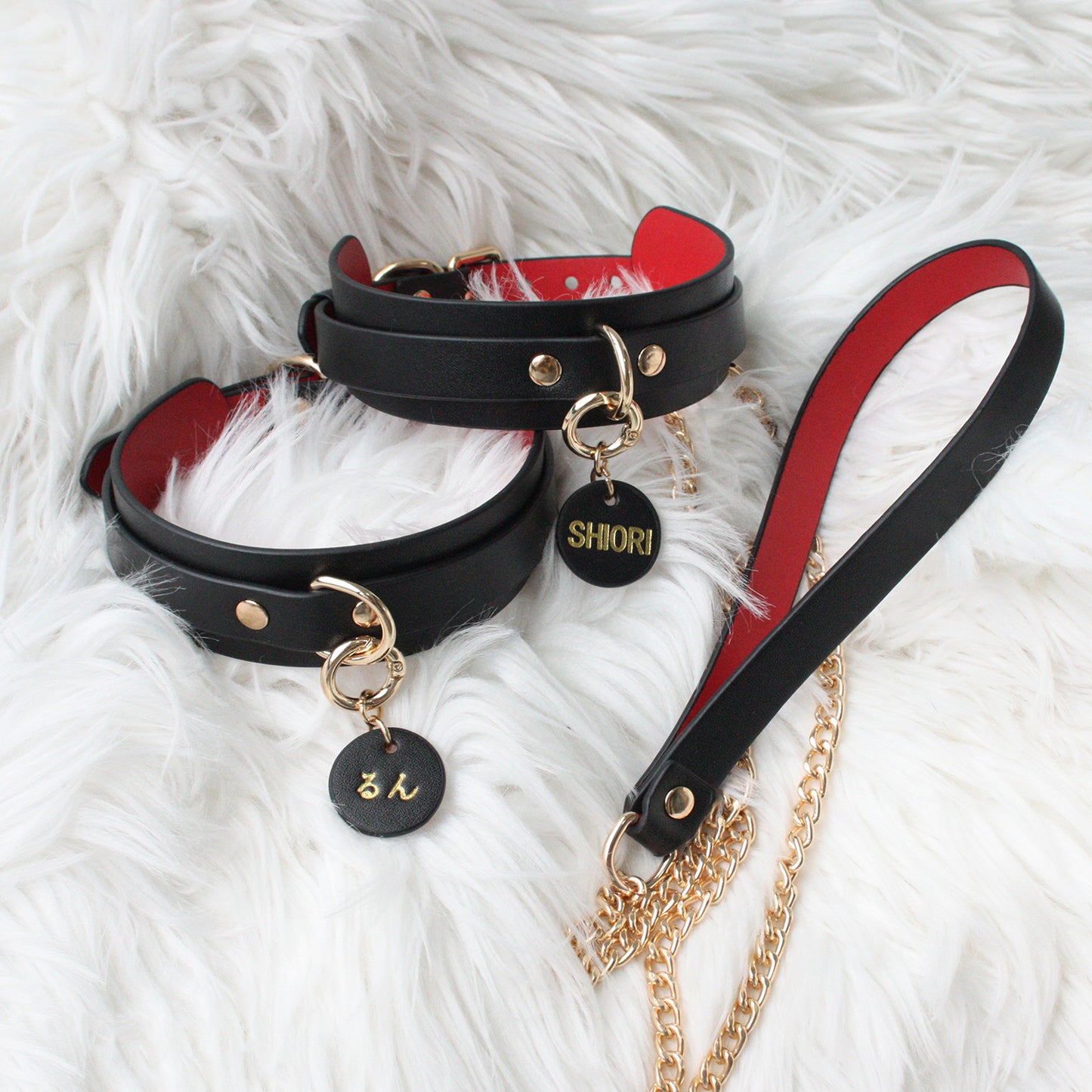 Genuine Leather Collar with Customizable Nameplate Black&Red