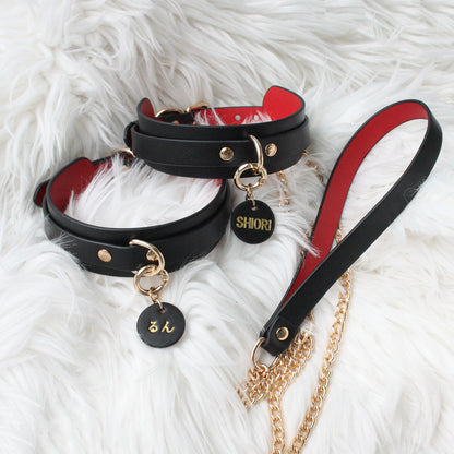 Genuine Leather Collar with Customizable Nameplate Black&Red