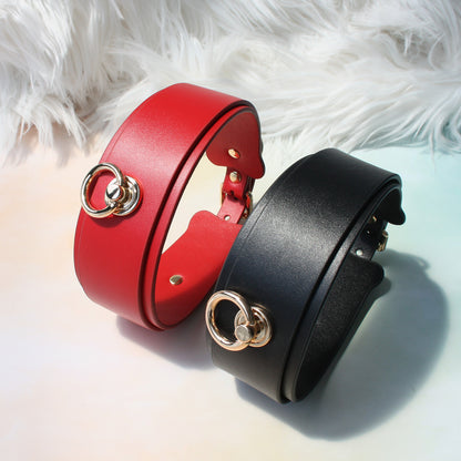 Crazy Wild Thick Cowhide Leather Bondage Collar with Leash Red/Black