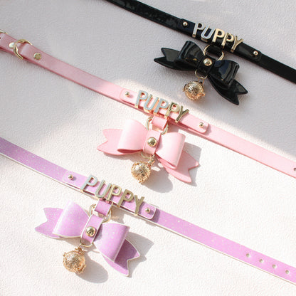 Sparkling Cute Ribbon with Glowing Bell Bondage Collar Black/Pink/Purple