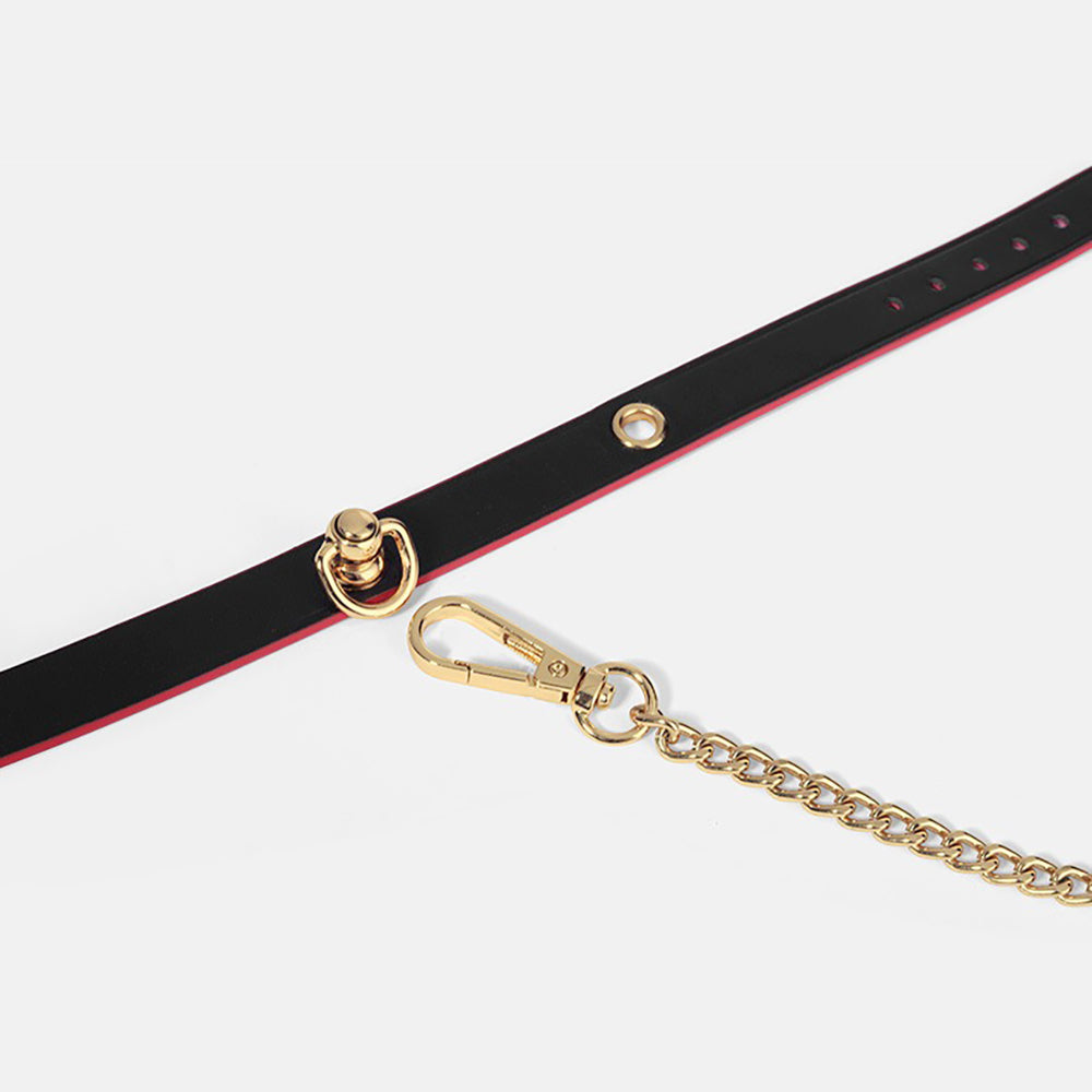 Heavy-Duty Real Leather Bondage Collar with Metal Chain Leash Black×Red