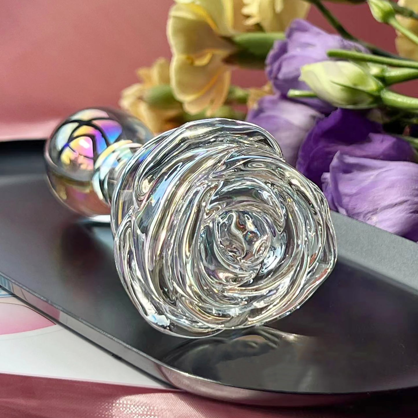 Transparent Smooth Crystal Rose Flower Glass Dildo Anal Butt Plug