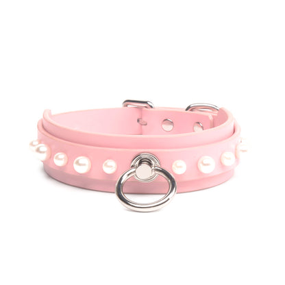 Elegant White Pearl Leather Bondage Collar with Leash Pink/Black