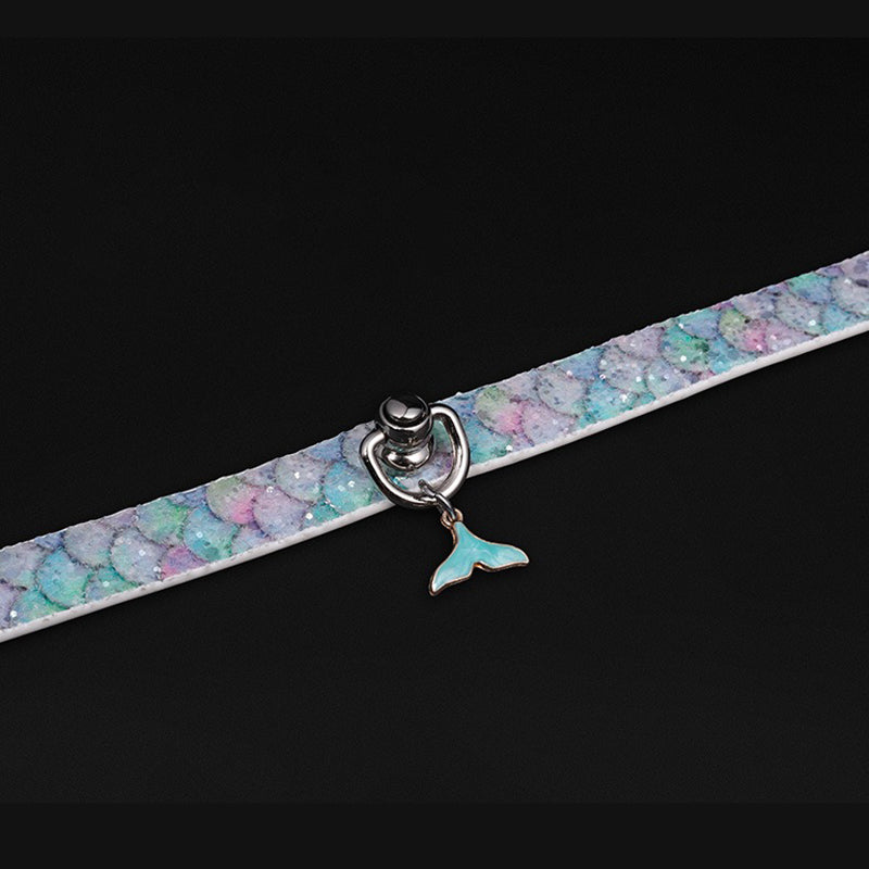 Luxury Mermaid Glow Genuine Leather BDSM Collar with Leash Blue