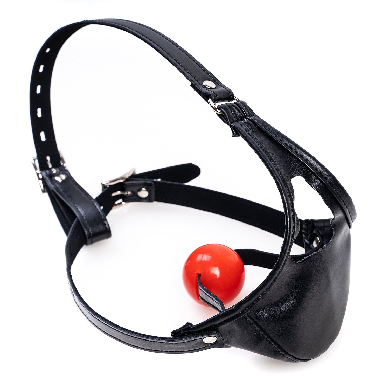 Profile view of glossy vegan leather head harness ball gag mask for forced open mouth BDSM restraint, available in multiple colors by Sexy Maker.