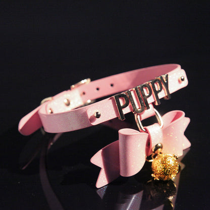 Sparkling Cute Ribbon with Glowing Bell Bondage Collar Black/Pink/Purple