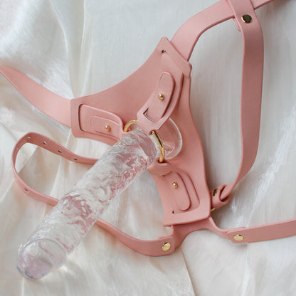 Vegan Pink Soft PU Leather Strap on Harness with Silicone Dildo