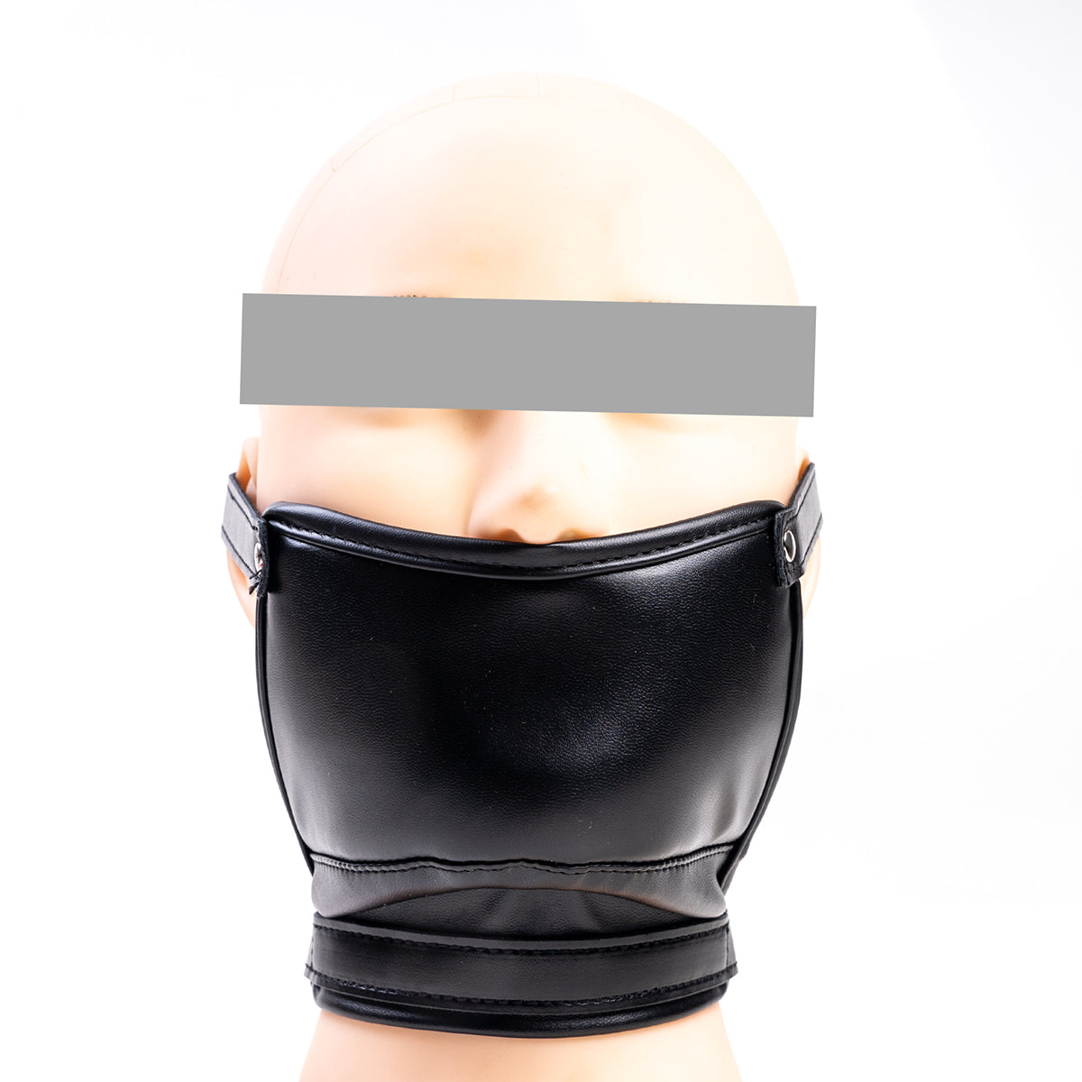 Front view of black vegan leather concealed dildo gag mask with adjustable head and neck straps for oral restraint by Sexy Maker.