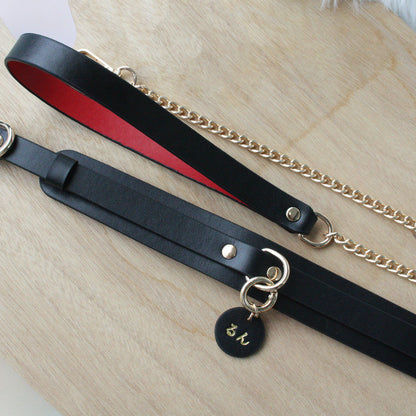 Genuine Leather Collar with Customizable Nameplate Black&Red