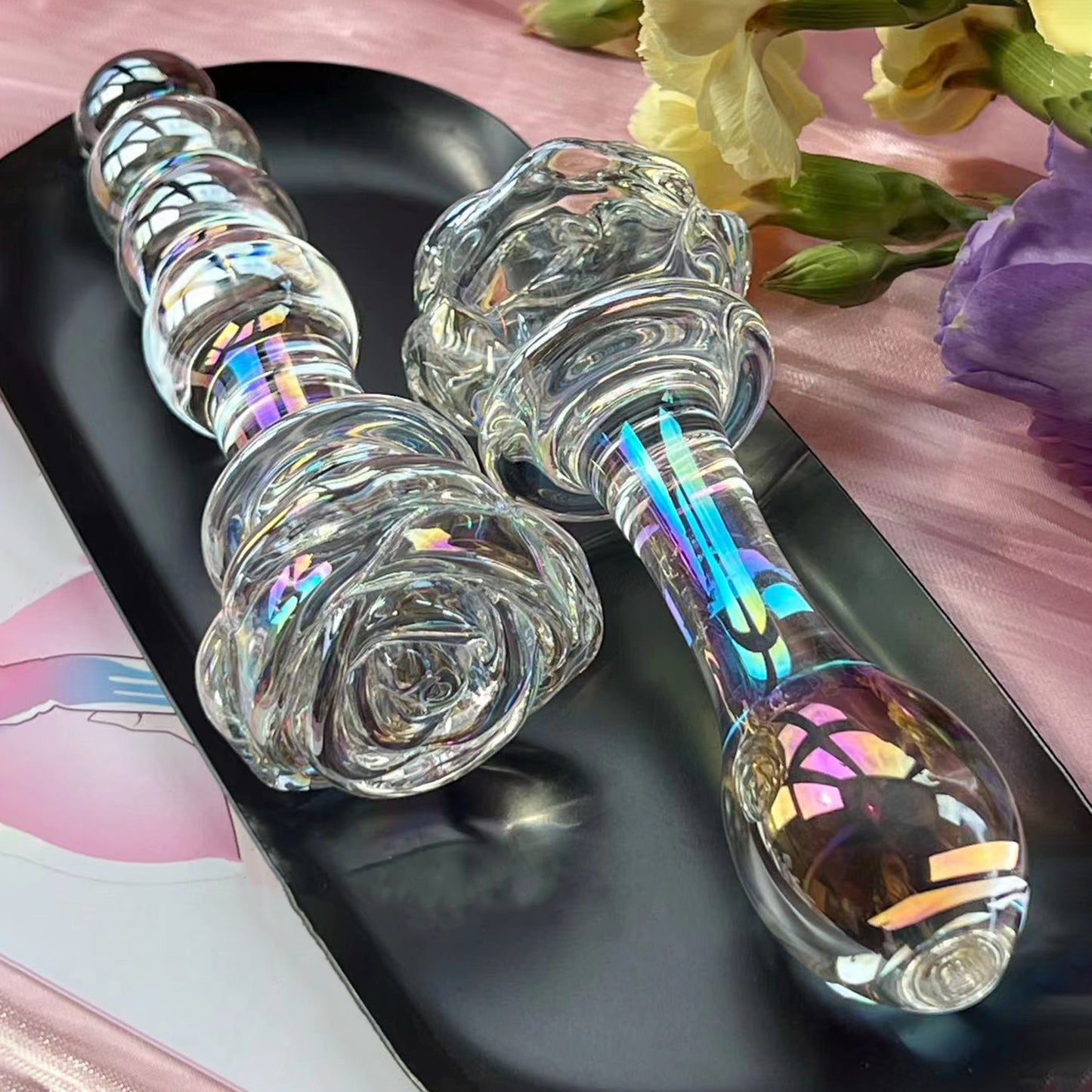 Transparent Smooth Crystal Rose Flower Glass Dildo Anal Butt Plug