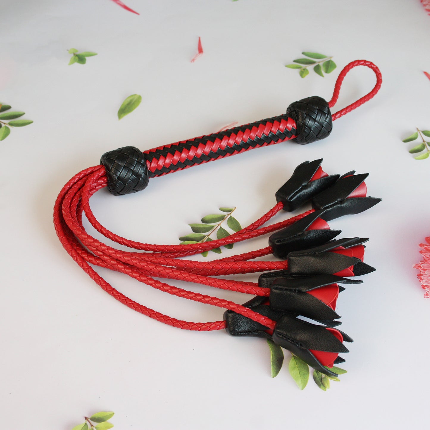 Handmade Red Rose Leather Flogger with 9 Braided Tails