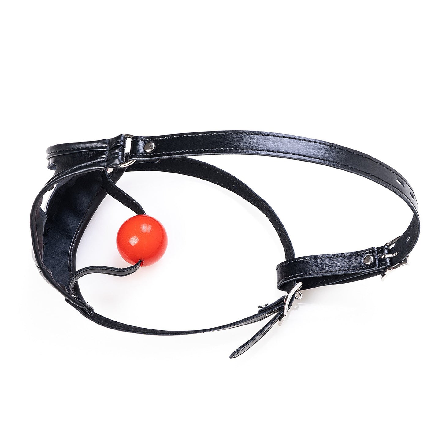 Profile view of glossy vegan leather head harness ball gag mask for forced open mouth BDSM restraint, available in multiple colors by Sexy Maker.