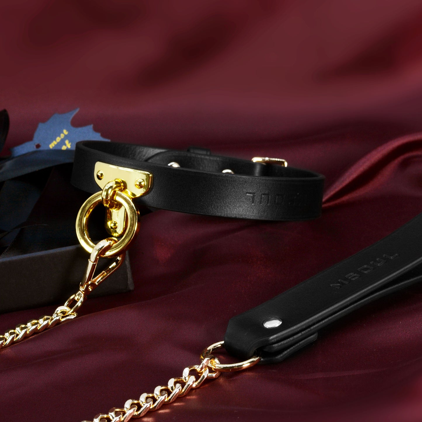 Gold O-Ring Premium Leather Bondage Collar with Leash