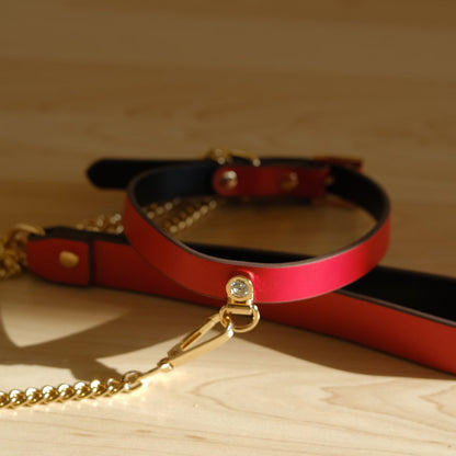 Shining Stone Leather Slave Collar with Leash