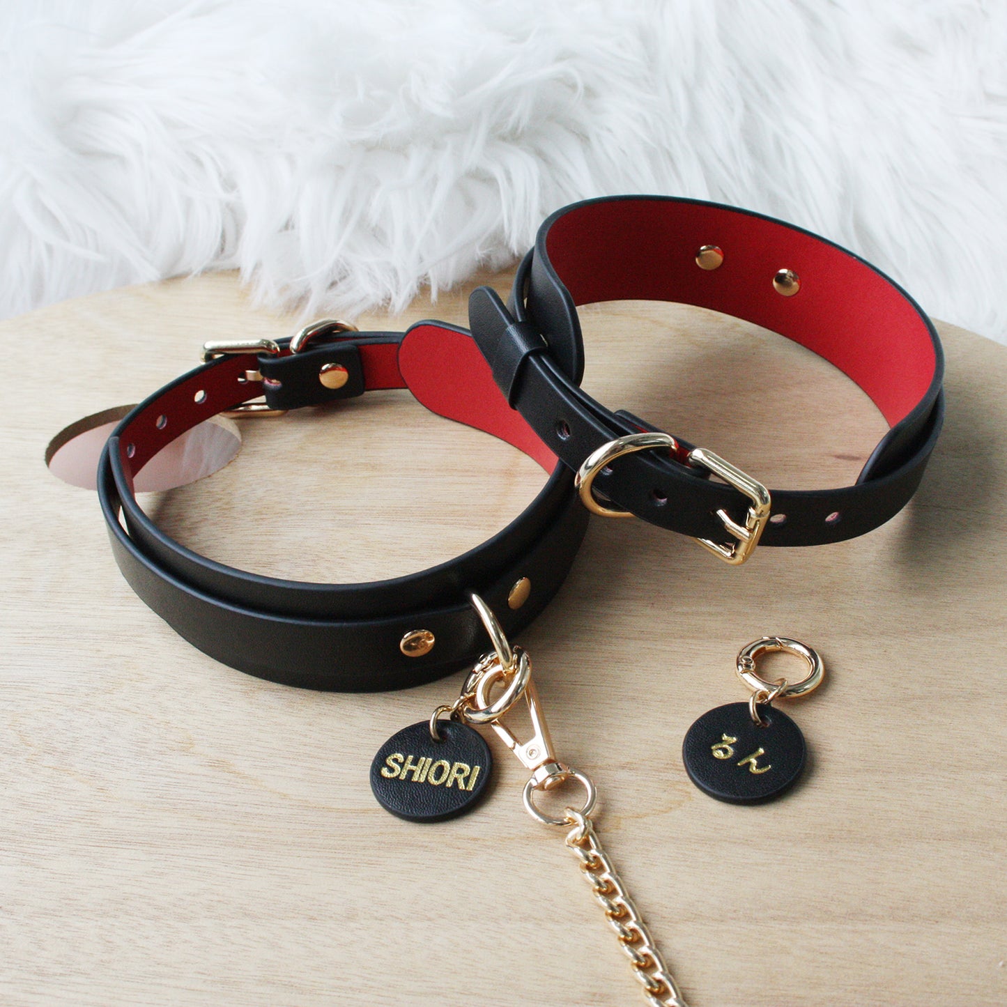 Genuine Leather Collar with Customizable Nameplate Black&Red