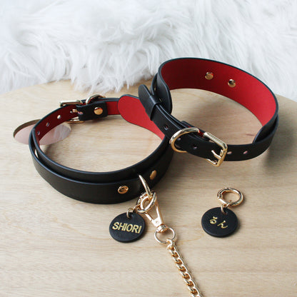 Genuine Leather Collar with Customizable Nameplate Black&Red