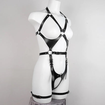 Elegant Black Bondage-Inspired Faux Leather Body Harness with Thigh Cuffs