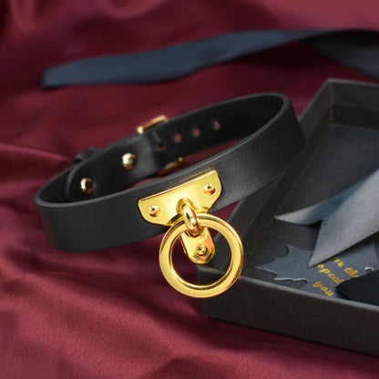 Gold O-Ring Premium Leather Bondage Collar with Leash