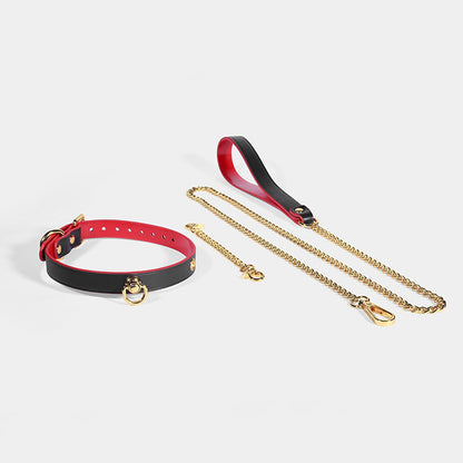 Heavy-Duty Real Leather Bondage Collar with Metal Chain Leash Black×Red