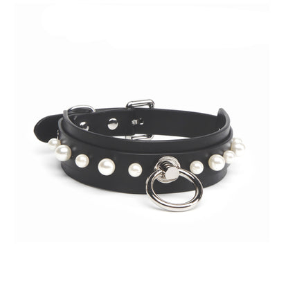 Elegant White Pearl Leather Bondage Collar with Leash Pink/Black