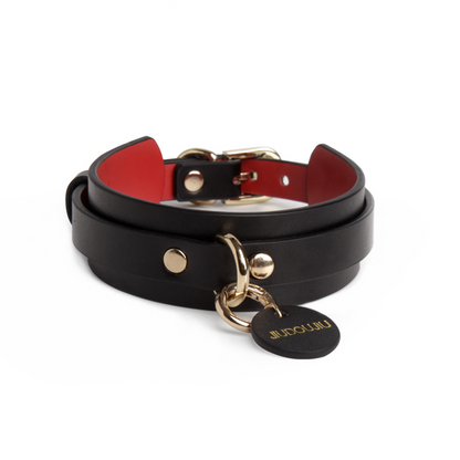 Genuine Leather Collar with Customizable Nameplate Black&Red