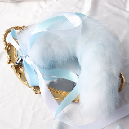 Fluffy Ice Blue and white Tail Anal Butt Plug - Customizable Tail Length & Plug Size