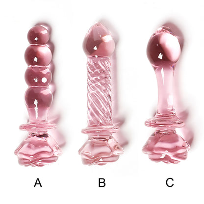 Cute Pink Rose Flower Glass Dildo Butt Plug 3-Type