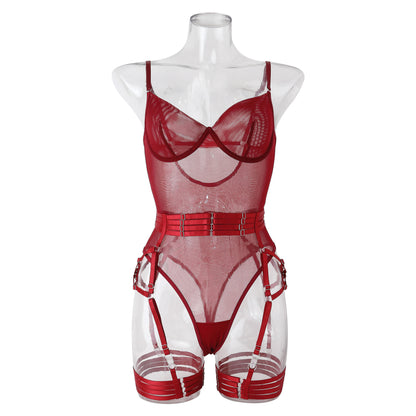 Burgundy Mesh Bodysuit with Garter Belt