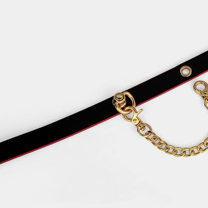 Heavy-Duty Real Leather Bondage Collar with Metal Chain Leash Black×Red