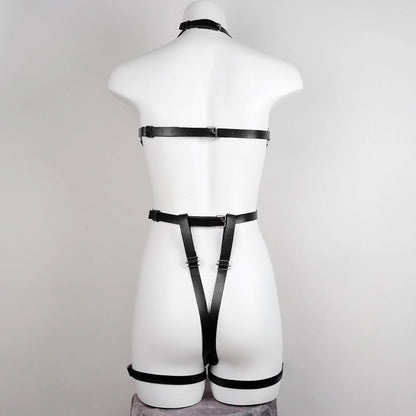 Elegant Black Bondage-Inspired Faux Leather Body Harness with Thigh Cuffs