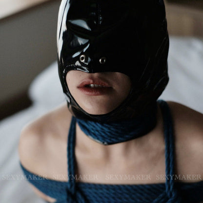 Patent Leather Bondage Hood Headgear Open Mouth Face Mask BDSM Slave Blindfold
